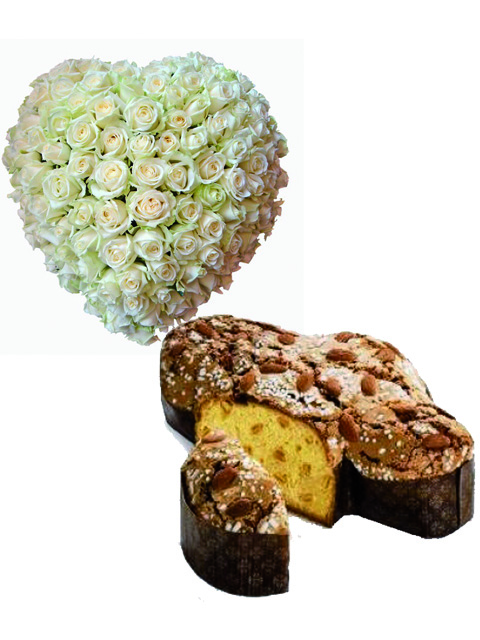 colomba di pasqua e cuore di 100 rose bianche